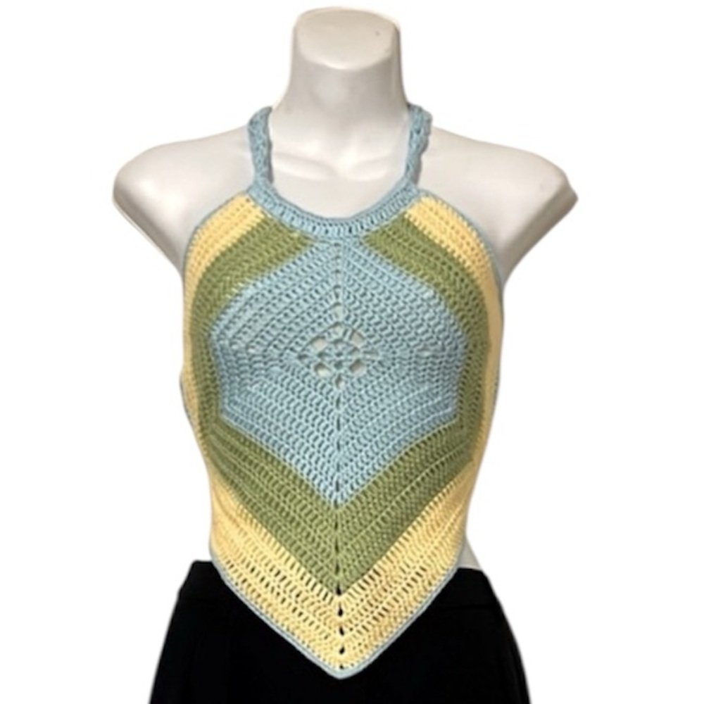 Beginning Boutique Woman’s Boho Light Blue & Yellow Crochet Knit Halter Top Sz 8